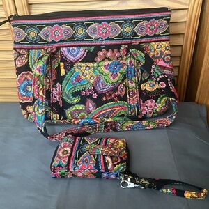Pre Owned Vera Bradley Multi Colored Floral & Paisley Tote Bag & Mini Wallet